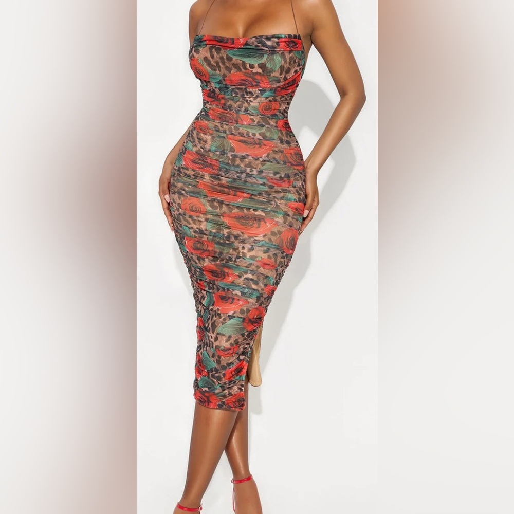 Fashion Nova Roaring Roses Leopard Mesh Midi Dress – Size M – NWT
